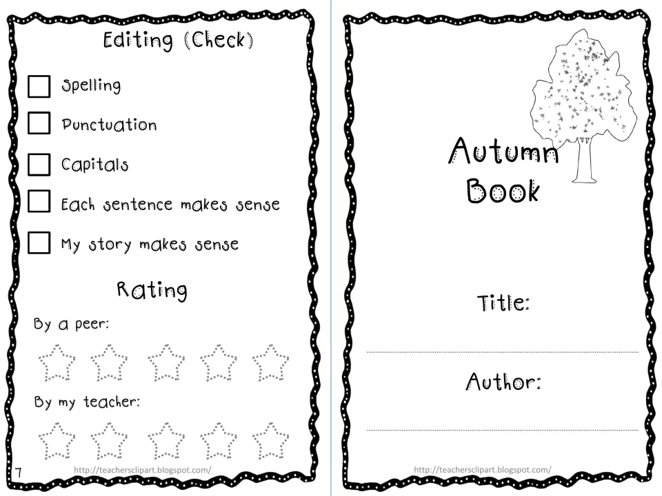 Autumn mini book cover and editing checklist for spelling, punctuation, capitals, sentence and story clarity