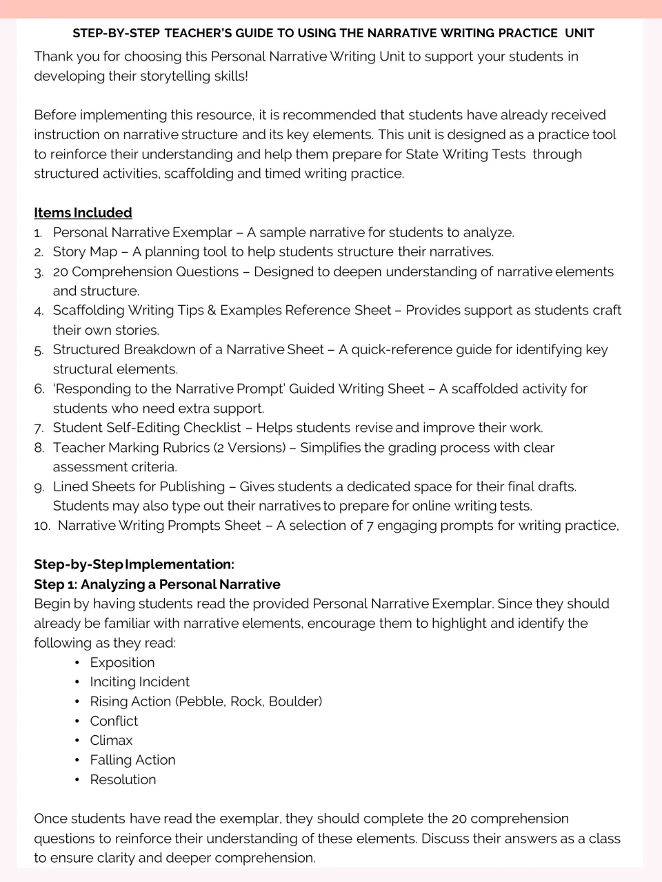 Teacher's guide to the narrative unit: list of 10 included items and Step 1, analyzing a personal narrative exemplar