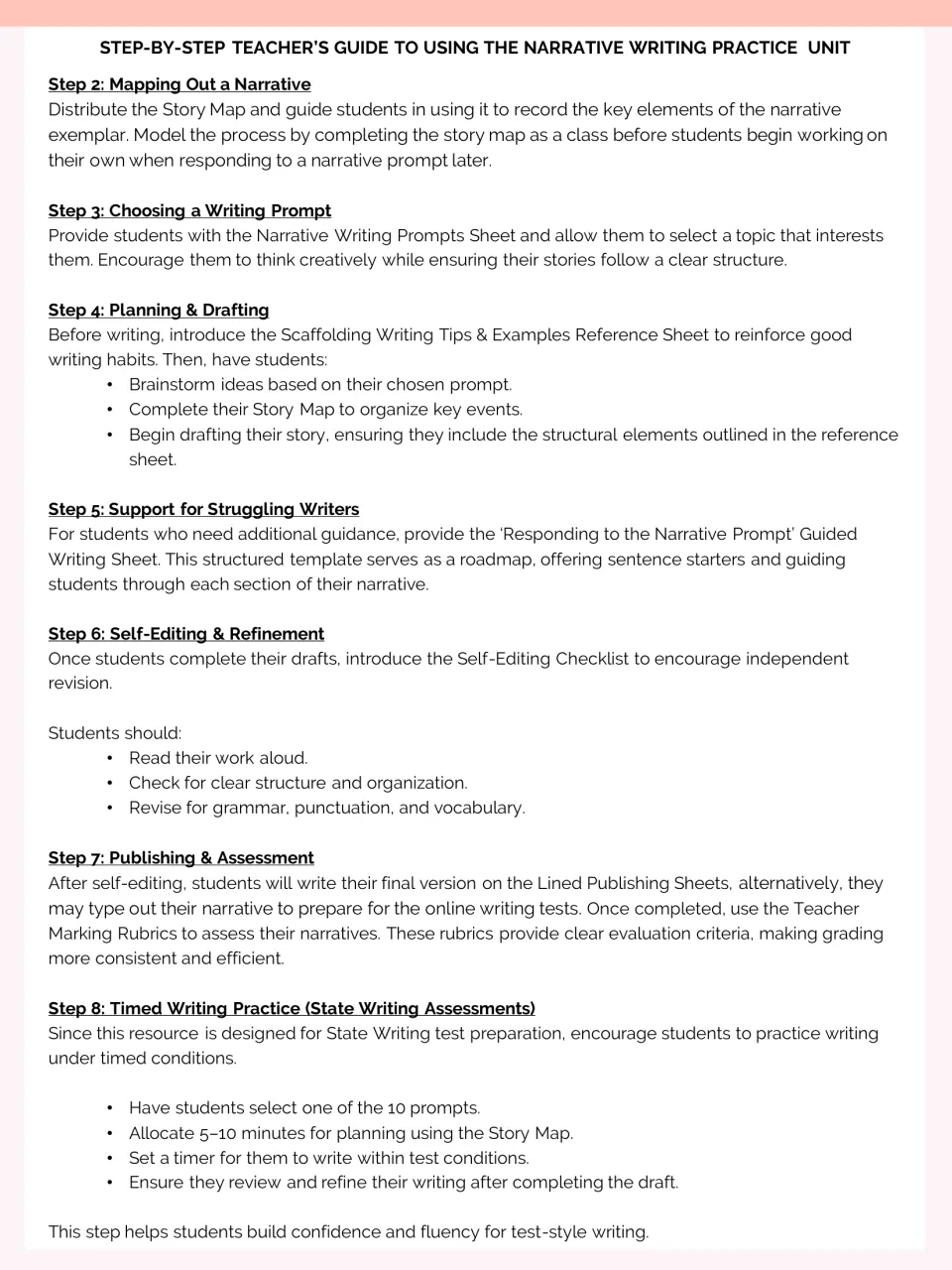 Teacher's guide steps 2 to 8: story mapping, choosing a prompt, drafting, self-editing, publishing and timed writing