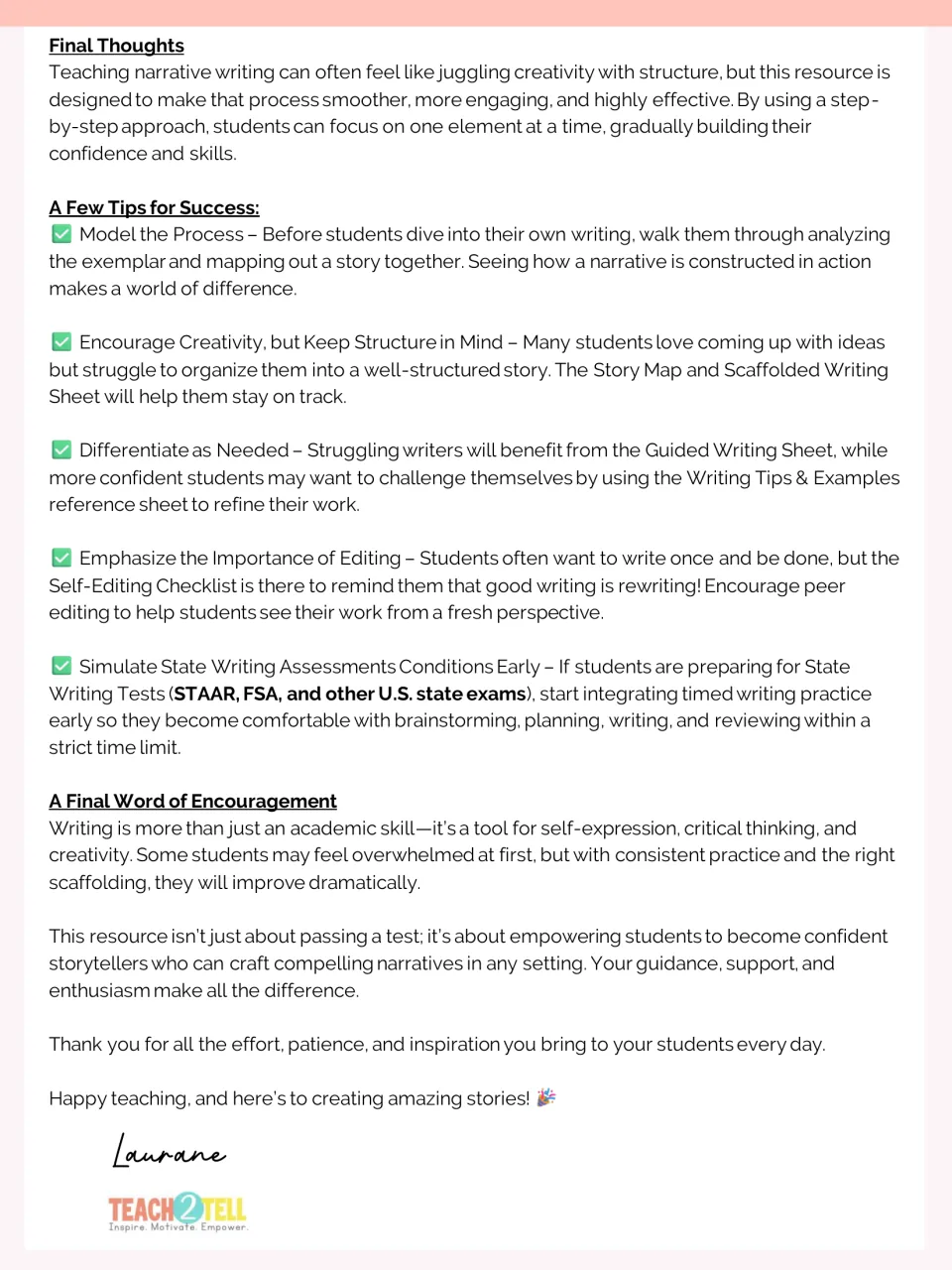 Final Thoughts note to teachers: tips on modeling, differentiating, editing and simulating timed state writing tests
