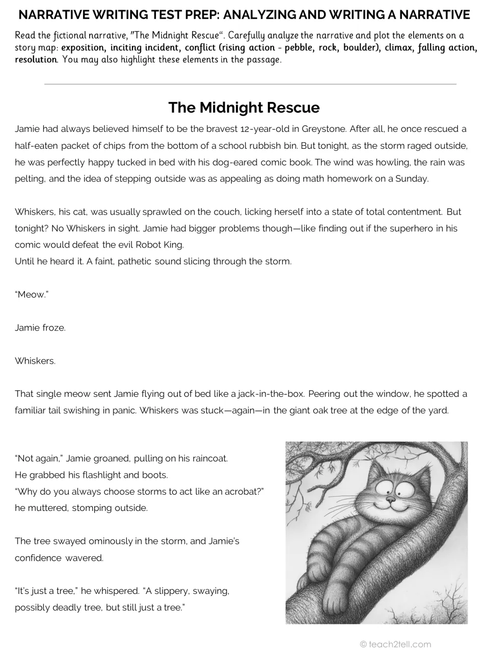 The Midnight Rescue, part 1: Jamie hears cat Whiskers stuck in an oak tree in a storm; students analyze plot elements