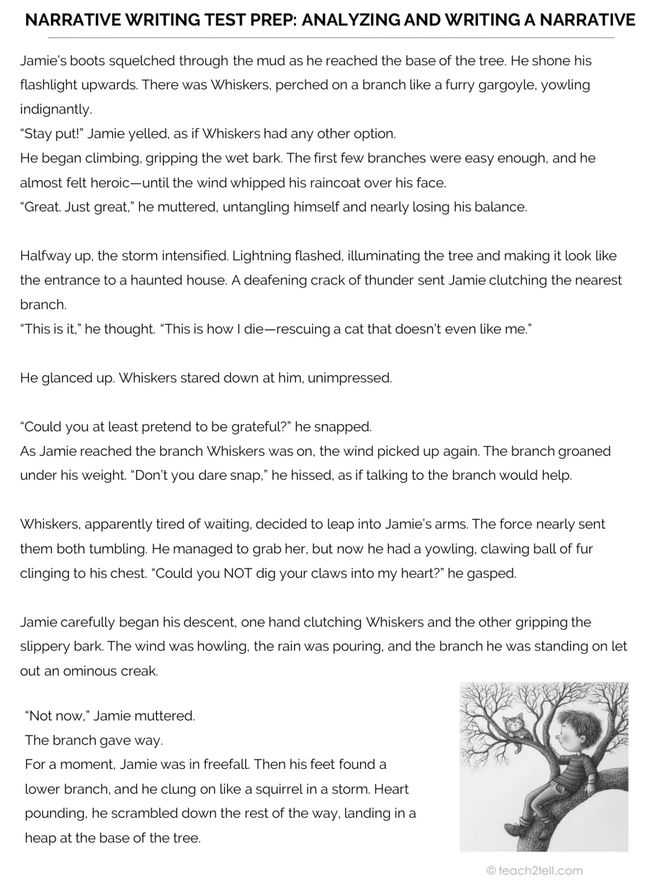 The Midnight Rescue, part 2: Jamie climbs the tree in the storm, catches Whiskers and falls as a branch gives way