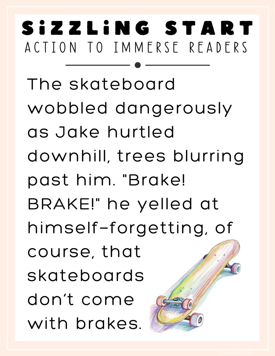 Action sizzling start: model story opening of Jake speeding downhill on a skateboard with no brakes, for studying hooks