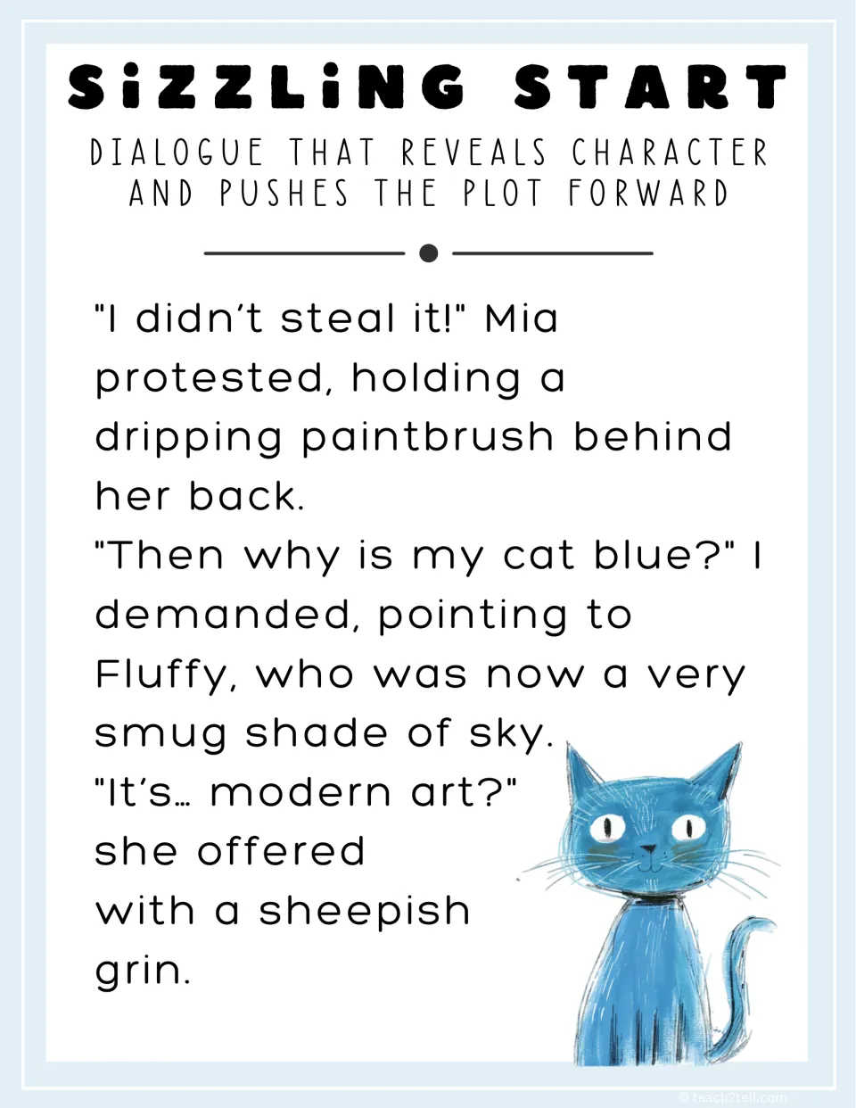 Dialogue sizzling start: model opening where Mia denies painting Fluffy the cat blue, showing character through speech