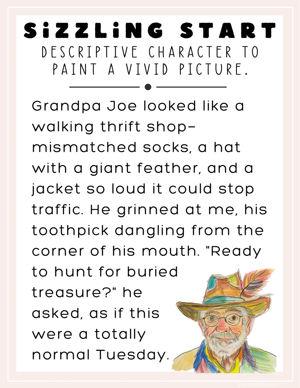Character description sizzling start: model opening pictures Grandpa Joe's mismatched outfit, feathered hat and toothpick
