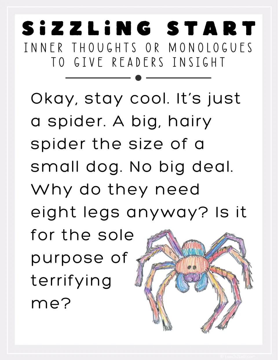 Inner monologue sizzling start: model opening voices a narrator's panicked thoughts about a big, hairy spider