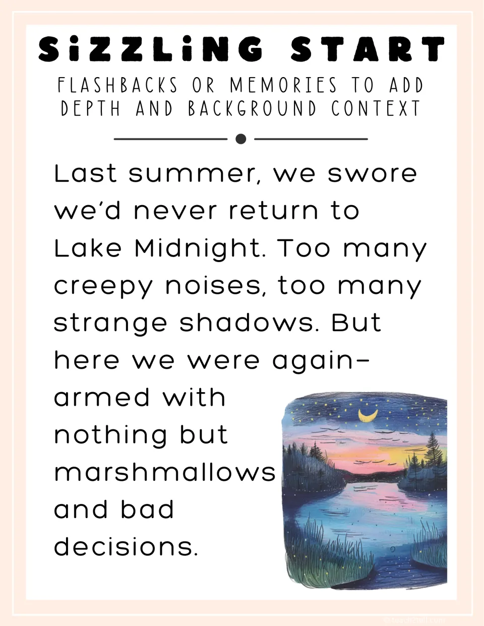 Flashback sizzling start: model opening recalls last summer's vow never to return to Lake Midnight, adding backstory