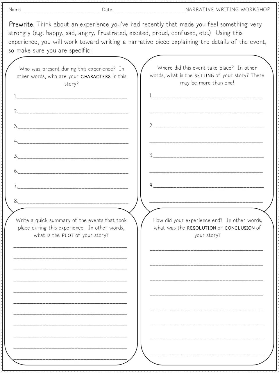Story elements prewrite: students pick a strong-feeling experience and list its characters, settings, plot and resolution
