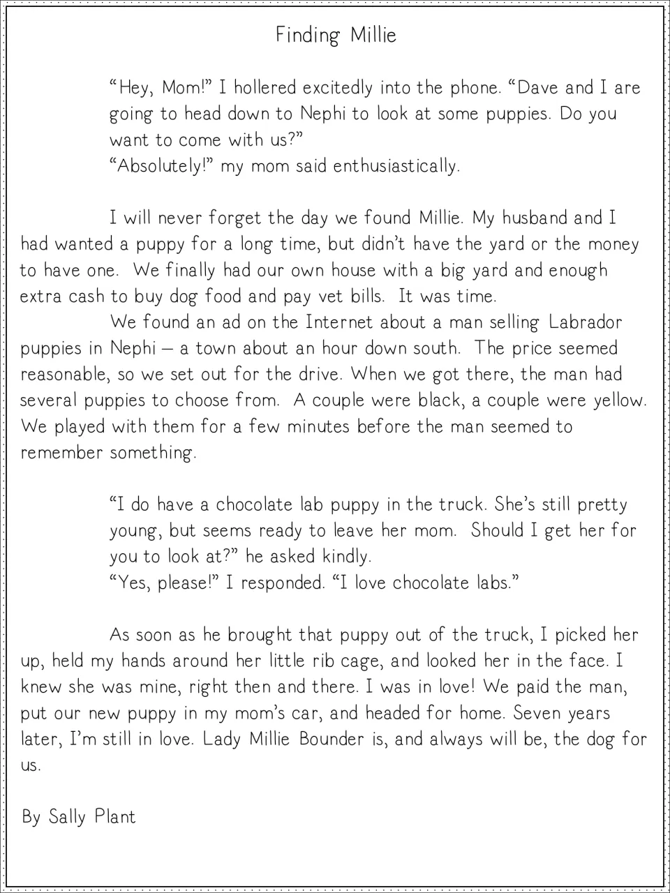 Finding Millie, a model personal narrative by Sally Plant about picking a chocolate lab puppy, using paragraphed dialogue