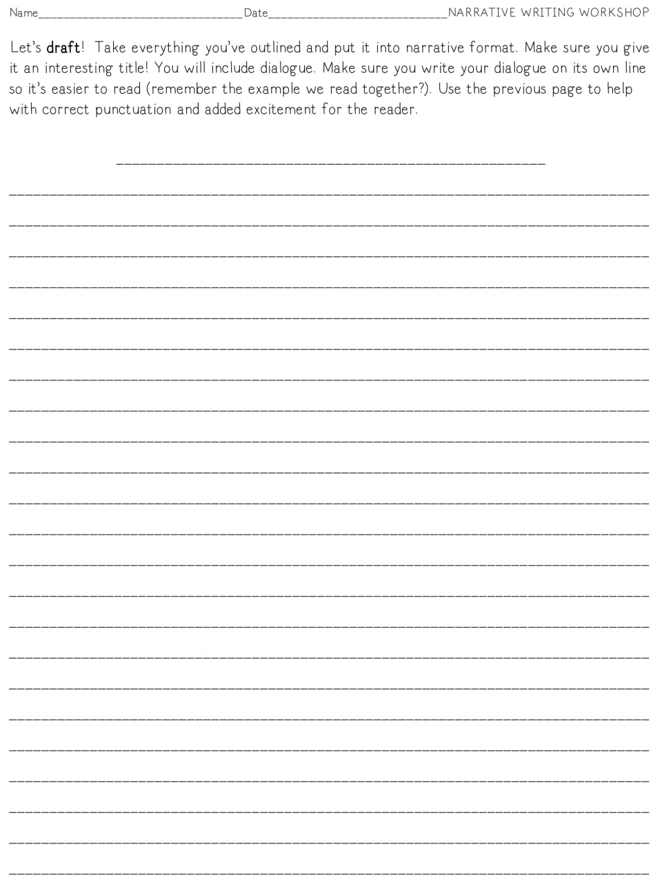 First draft page: students turn their outline into a titled narrative, writing each line of dialogue on its own line
