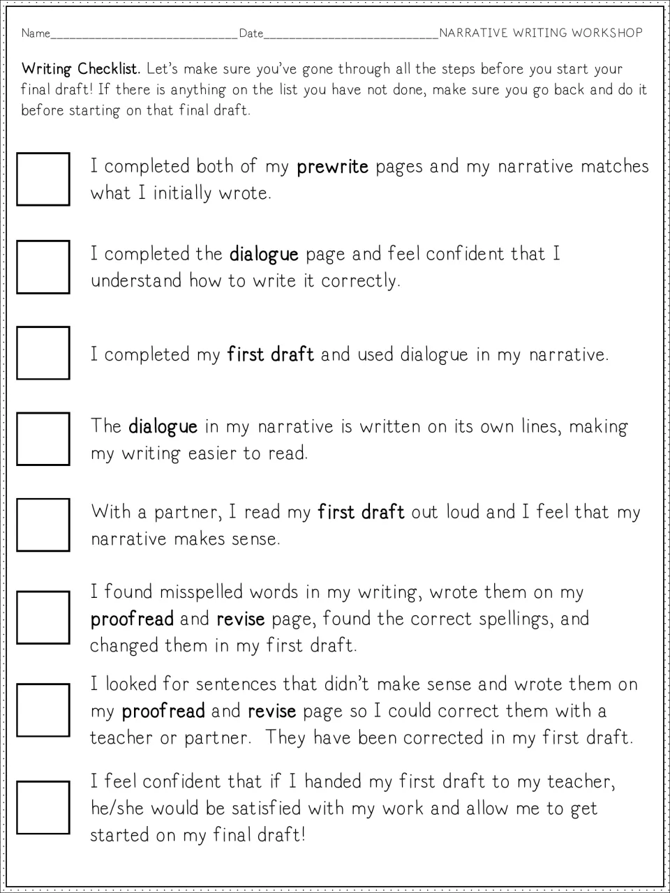 Writing checklist: eight statements students tick to confirm prewrite, dialogue, first draft and proofreading are done