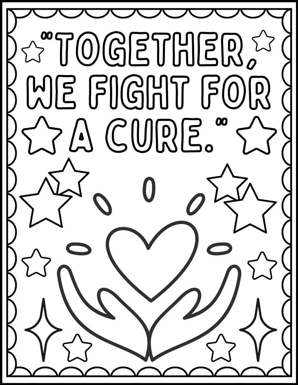 Blood cancer awareness coloring page: 'Together, we fight for a cure,' with hands holding a heart