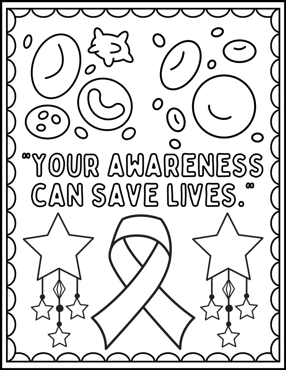 Blood cancer awareness coloring page: 'Your awareness can save lives,' with blood cells and a ribbon