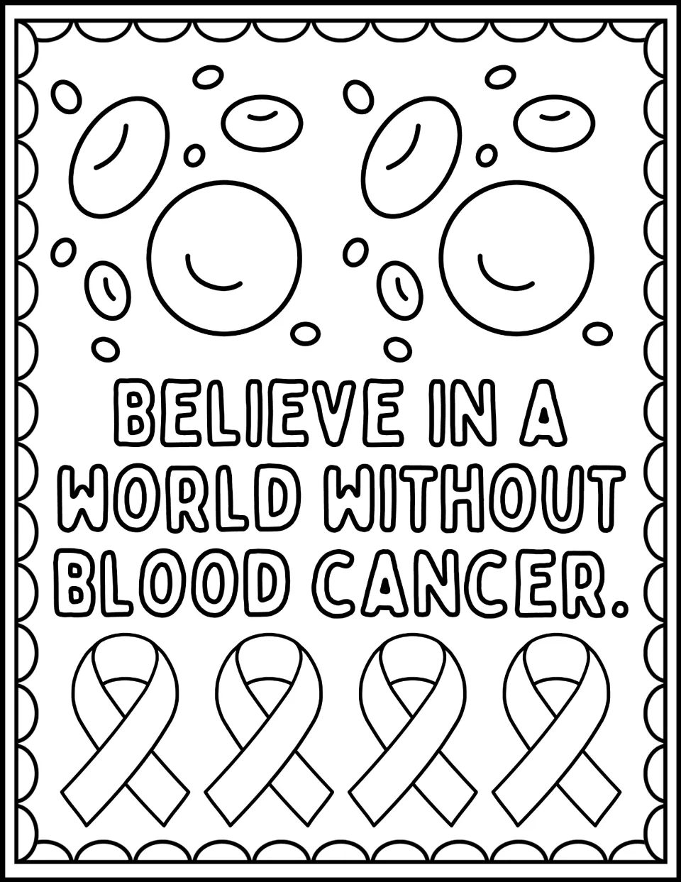 Coloring page: 'Believe in a world without blood cancer,' with blood cells and four awareness ribbons