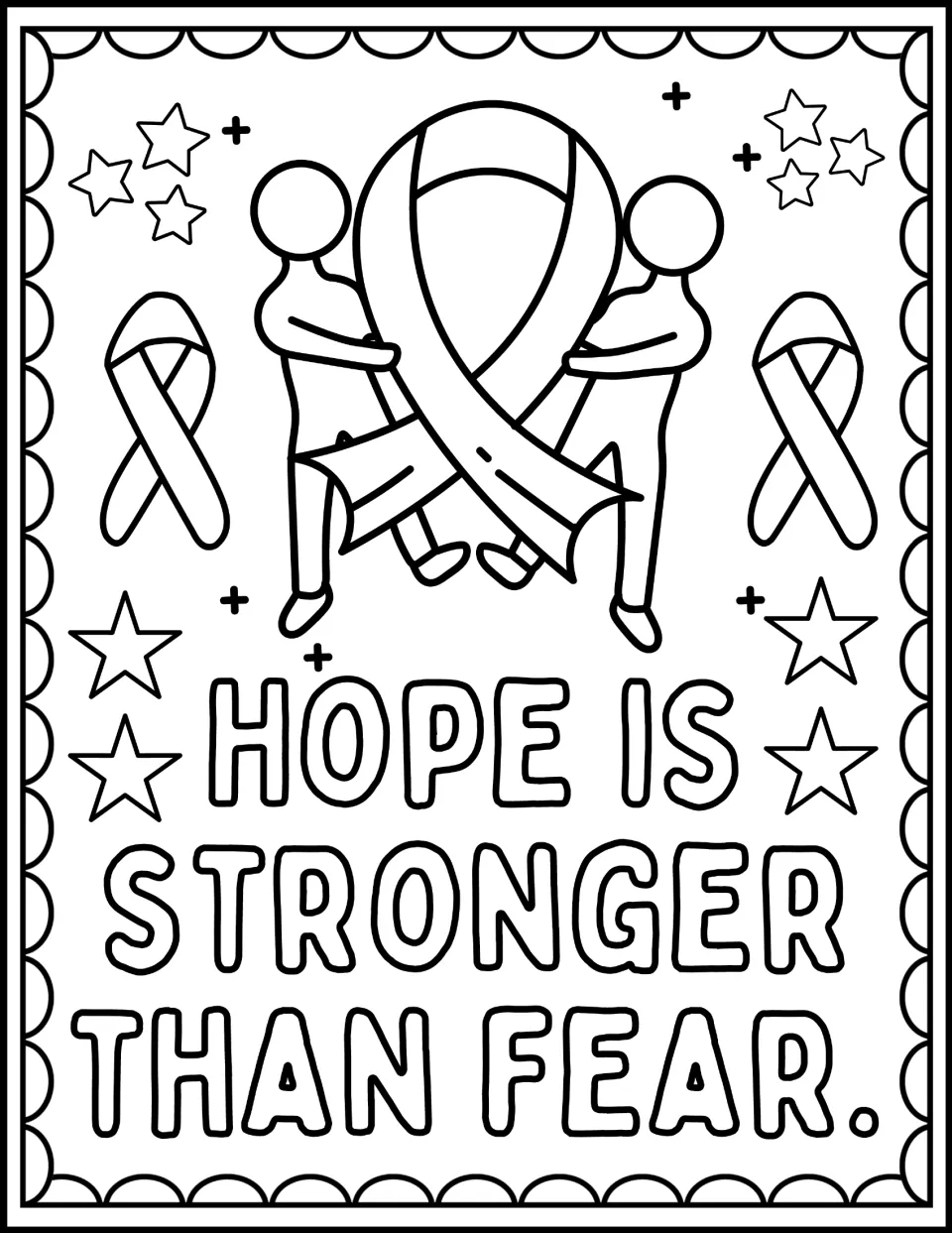 Blood cancer awareness coloring page: 'Hope is stronger than fear,' with two people holding a ribbon