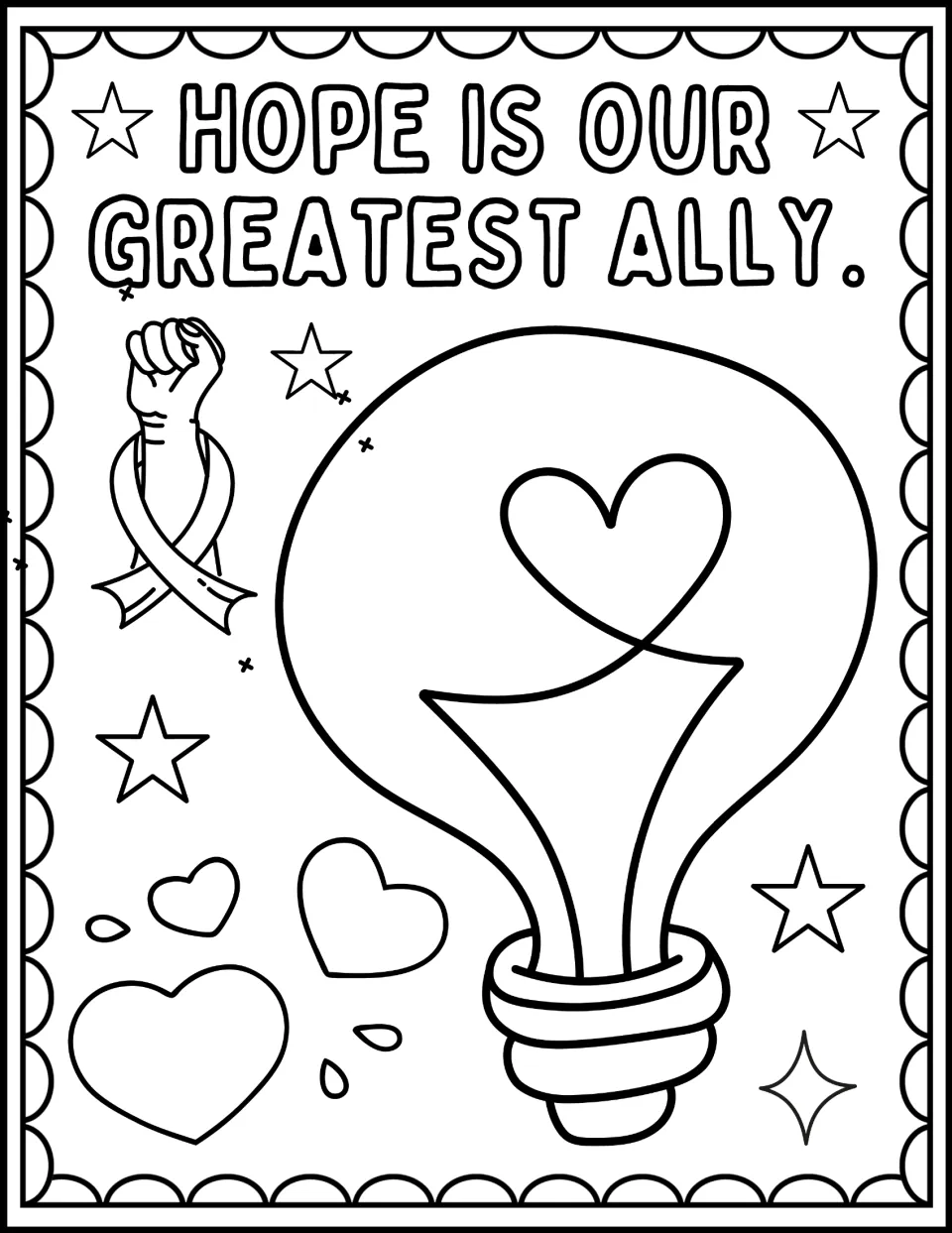 Blood cancer awareness coloring page: 'Hope is our greatest ally,' with a heart inside a light bulb