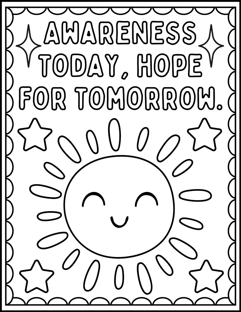 Blood cancer awareness coloring page: 'Awareness today, hope for tomorrow,' with a large smiling sun