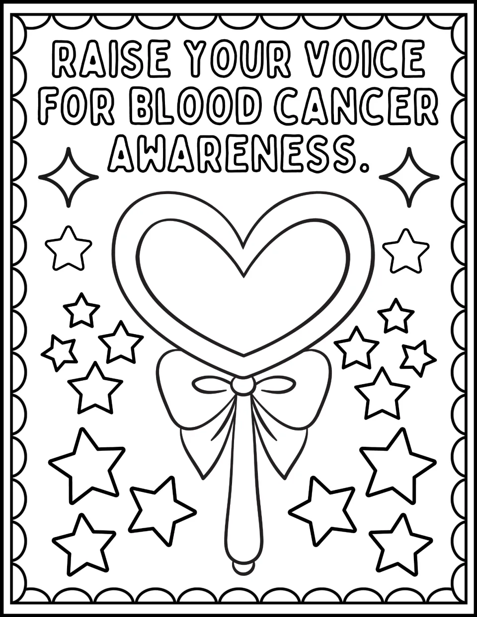 Coloring page: 'Raise your voice for blood cancer awareness,' with a heart-shaped wand tied with a bow