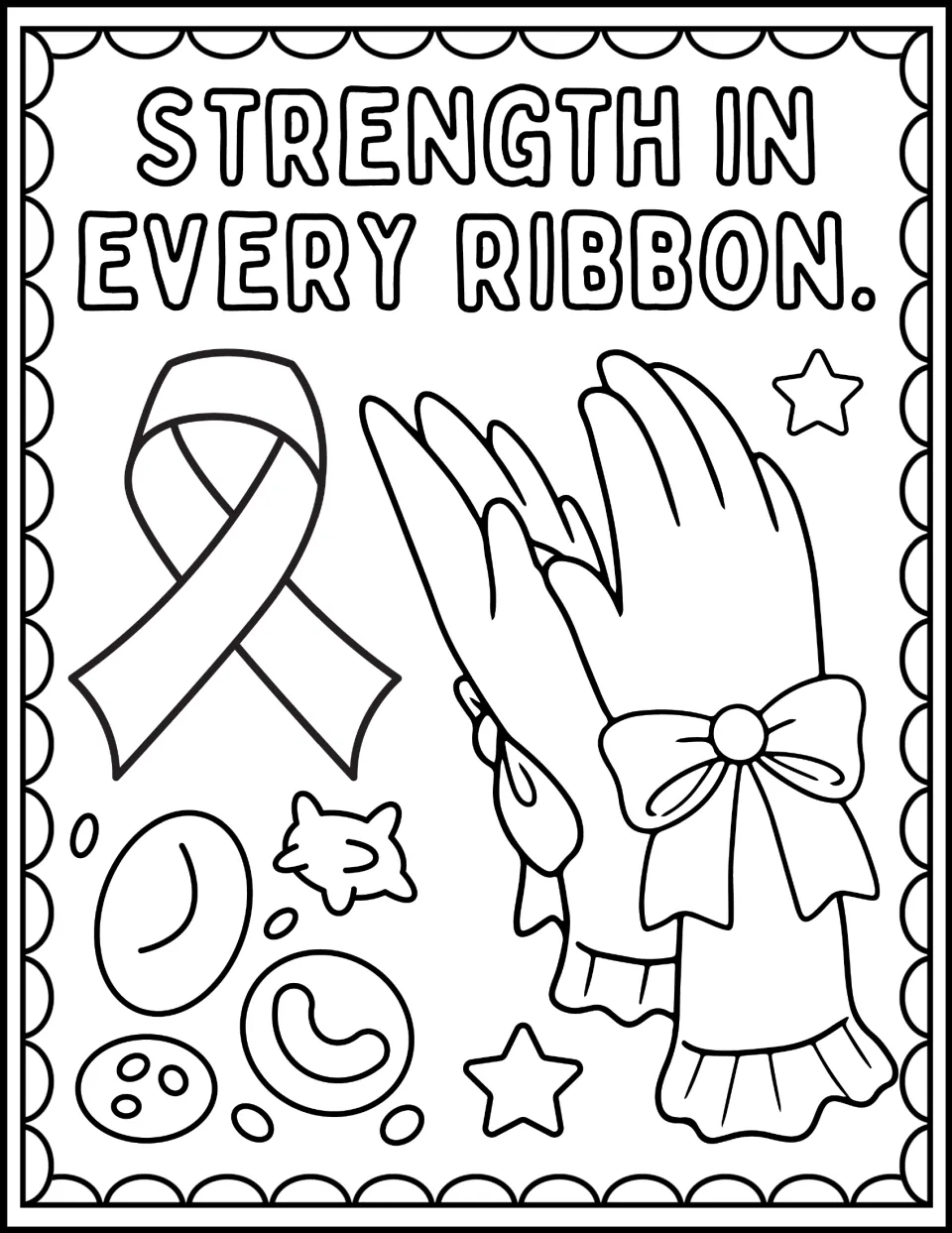 Blood cancer awareness coloring page: 'Strength in every ribbon,' with a ribbon, hands, and blood cells