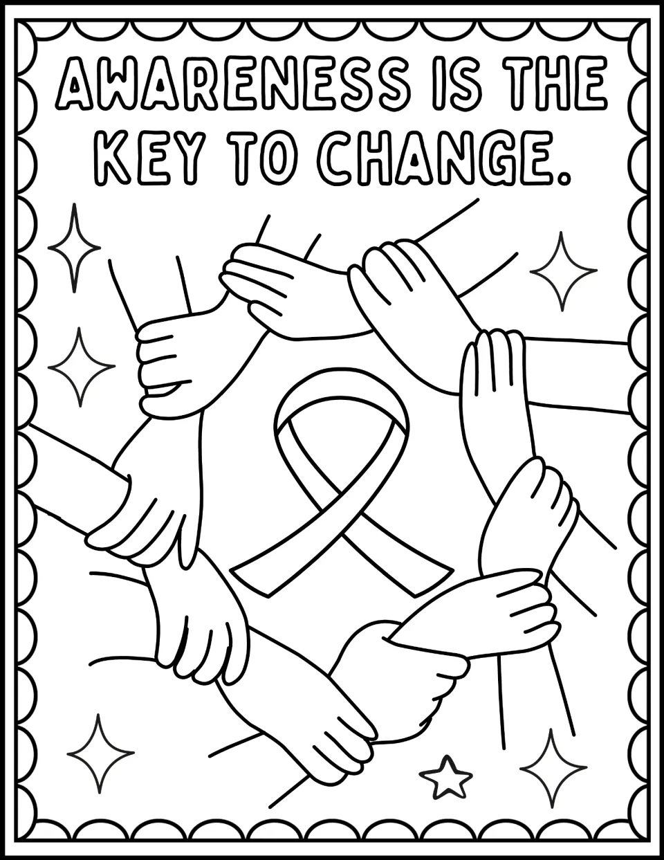 Blood cancer awareness coloring page: 'Awareness is the key to change,' with linked hands around a ribbon