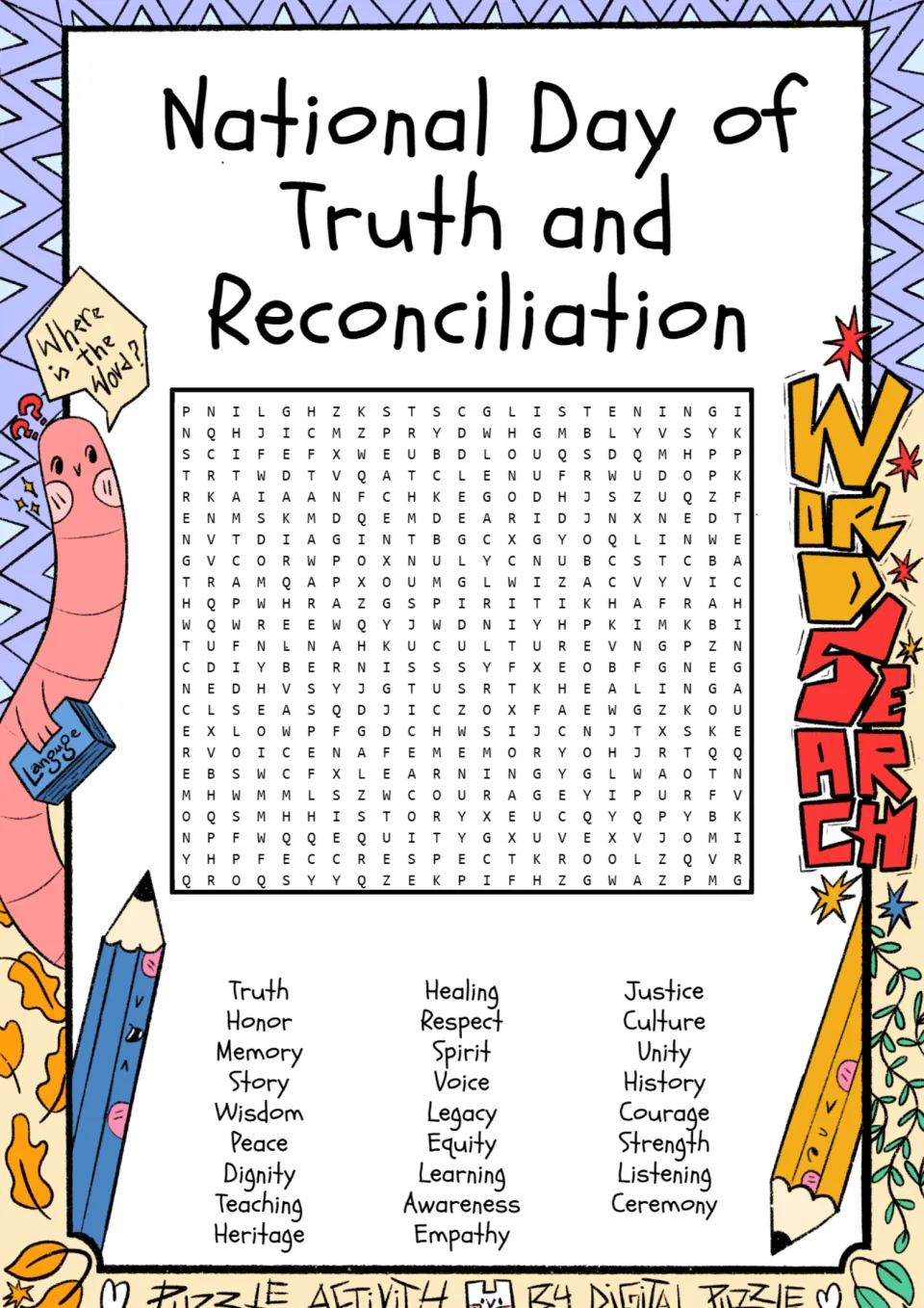 Truth and Reconciliation word search: students find 27 hidden words such as truth, healing, justice, memory and respect