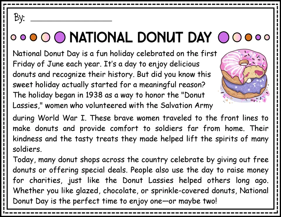 Donut Day history passage in color: students read how the 1938 holiday honors WWI Donut Lassies of the Salvation Army