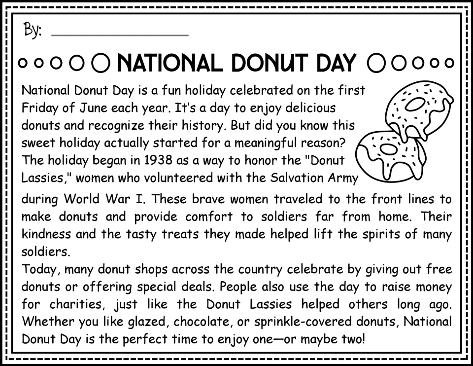 Donut Lassies reading passage, black-and-white version: students read about the holiday's WWI origin and charity events
