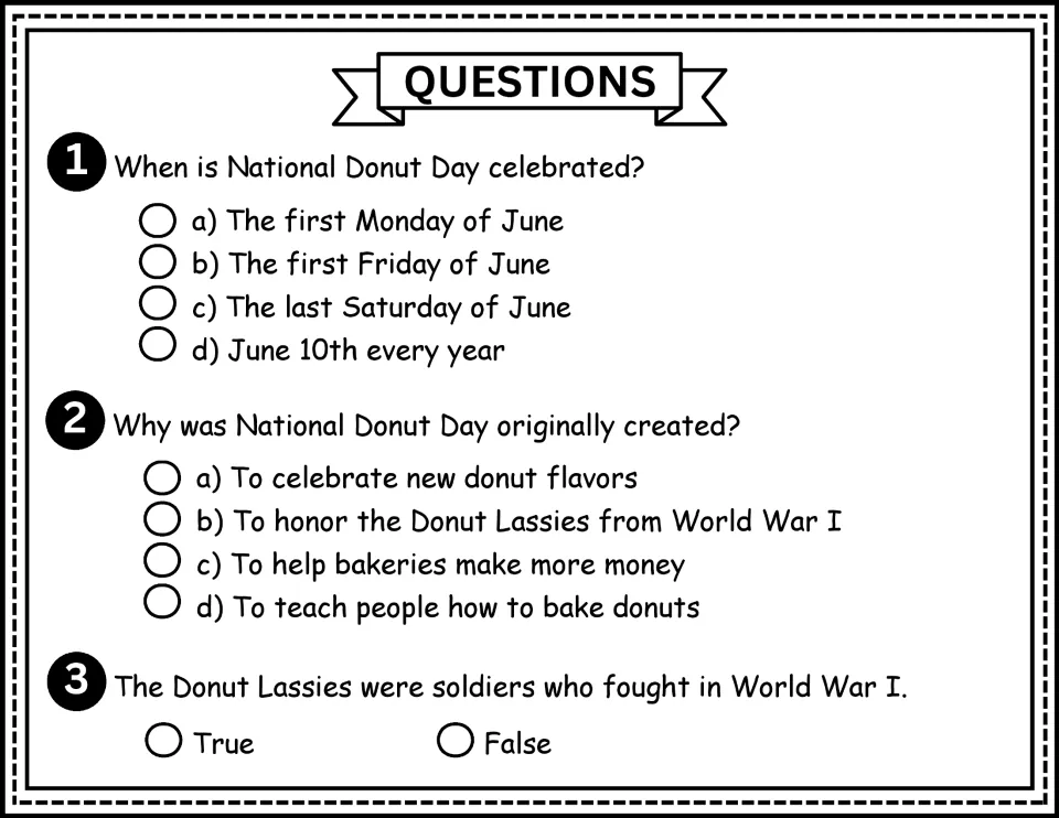 Comprehension questions 1-3: students recall the holiday's date and origin in multiple choice and a true/false item