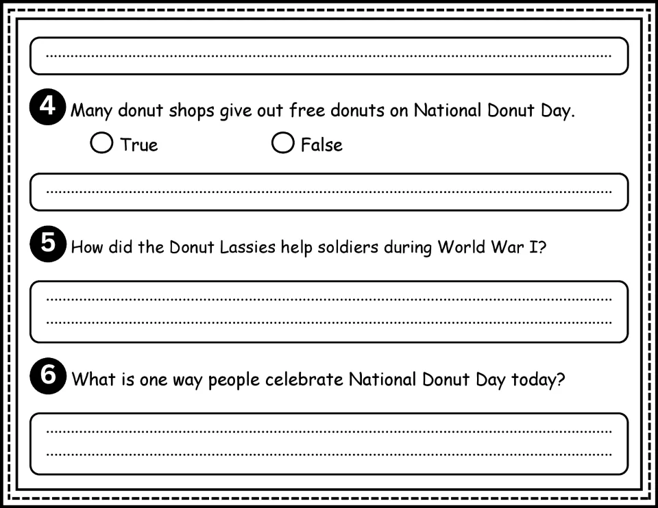 Questions 4-6: a true/false item plus short written answers on how Donut Lassies helped soldiers and ways to celebrate