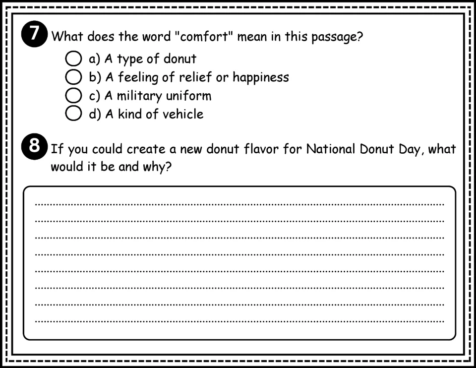 Questions 7-8: vocabulary in context for the word comfort, then an opinion response inventing a new donut flavor