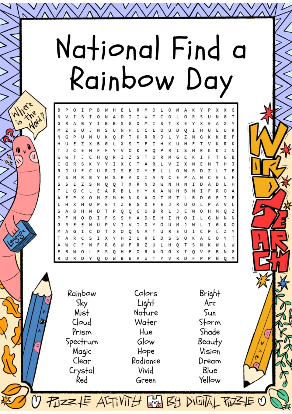National Find a Rainbow Day word search: students find 30 rainbow words such as prism, spectrum, mist and arc