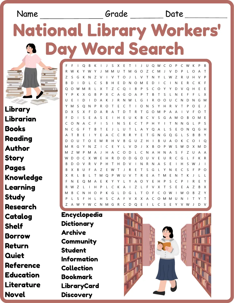Library word search: students find listed words like Librarian, Books and Catalog hidden in a letter grid, in color