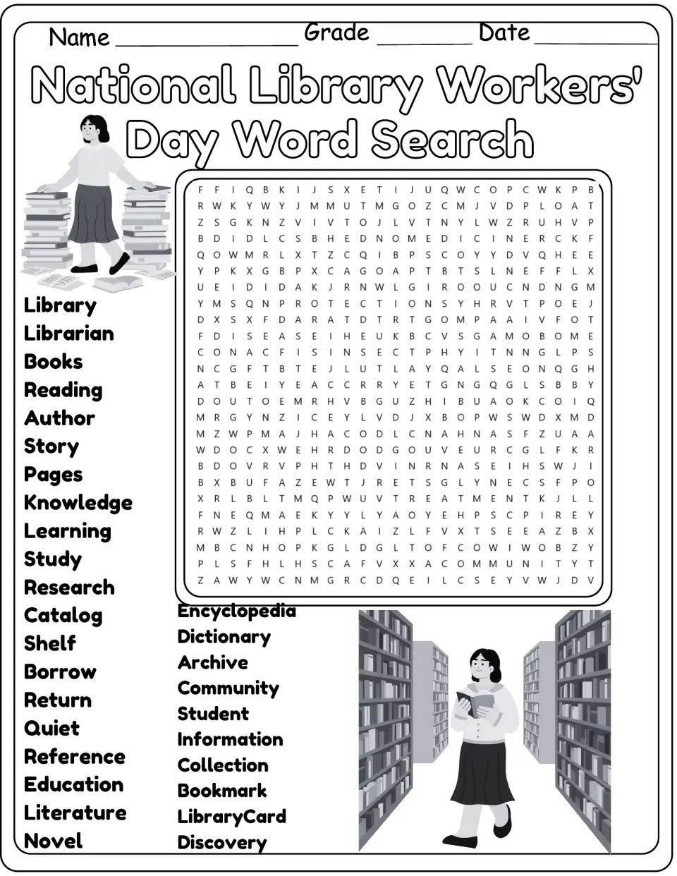 Library word search in black and white: students circle hidden words such as Reading, Author and Research in the grid