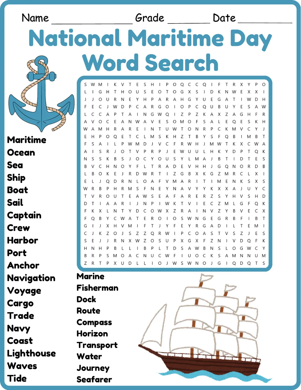 Maritime vocabulary word search: students find 30 words like anchor, harbor and lighthouse in the letter grid, in color