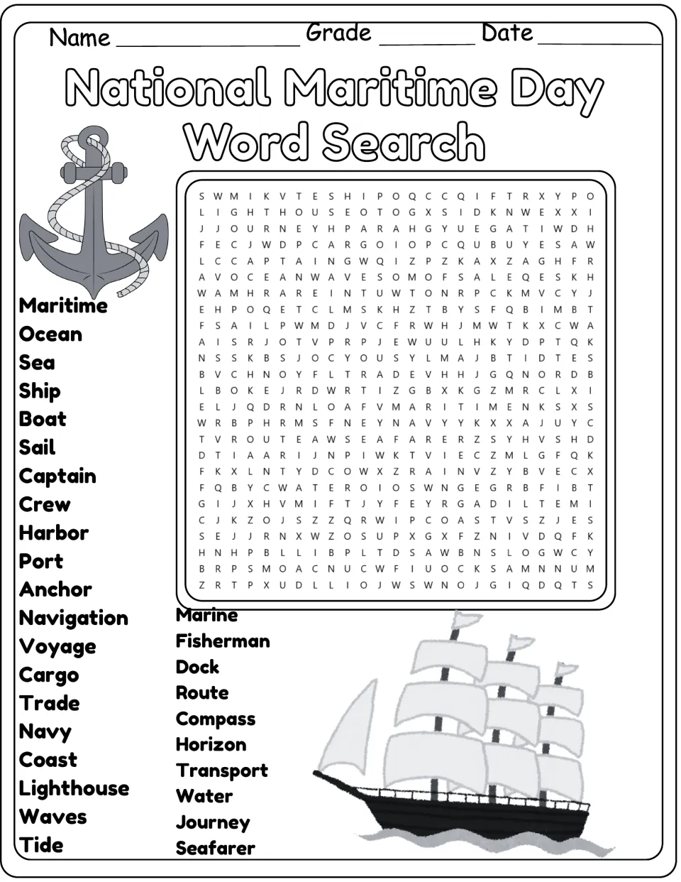 Maritime vocabulary word search: students find the listed words such as compass, cargo and seafarer in the letter grid