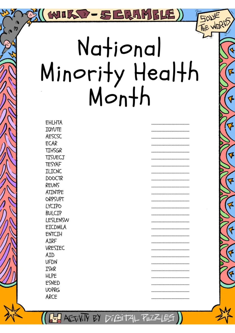 Word scramble activity for Minority Health Month: 26 terms including health, equity, access, and care.