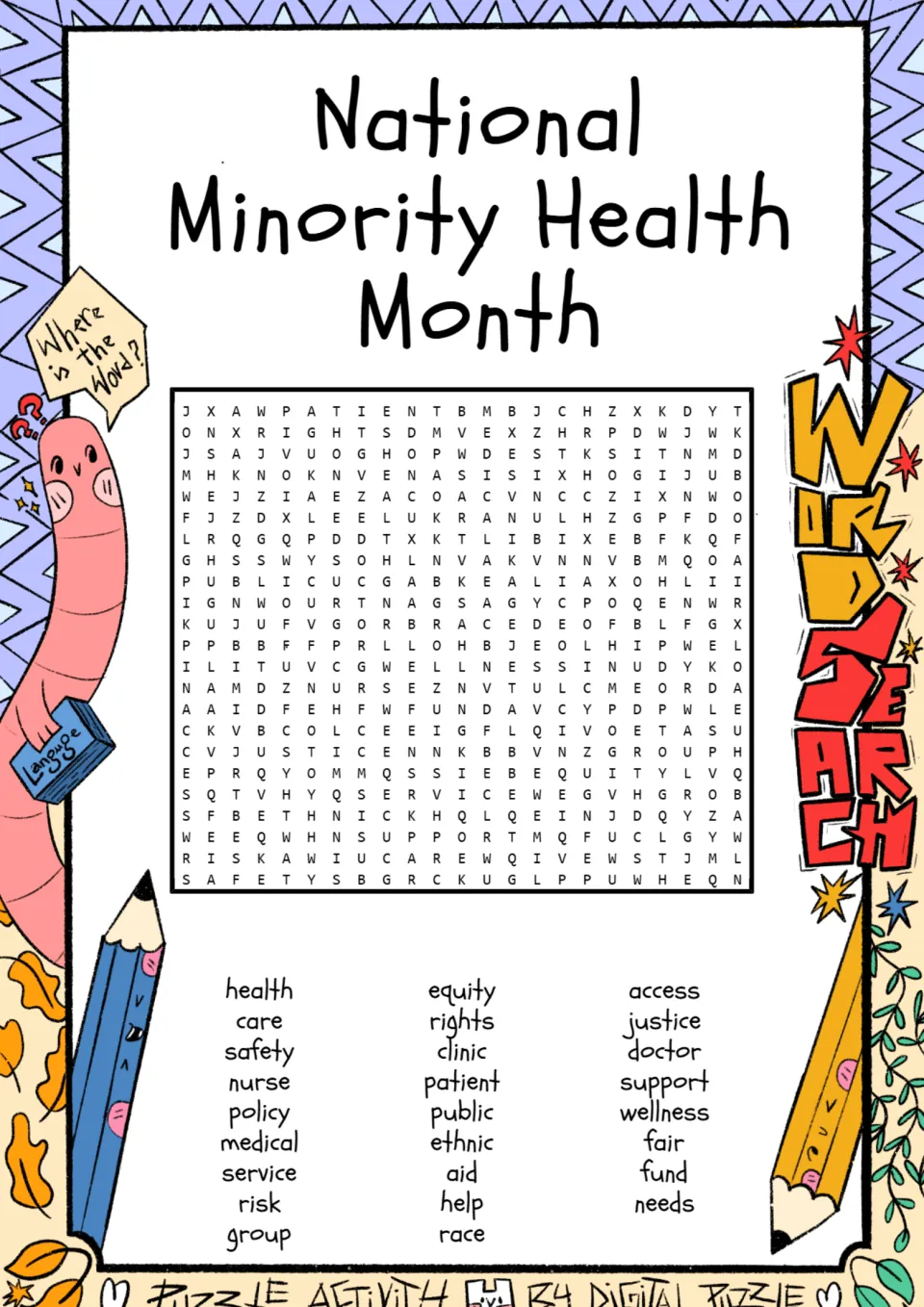 Health vocabulary word search featuring 26 terms, including equity, access, wellness, patient, and rights