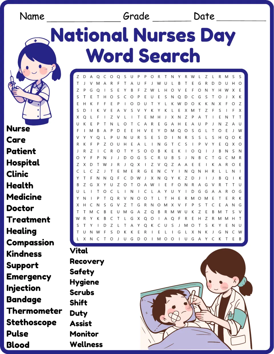 National Nurses Day word search: students find 30 listed words, such as nurse, patient and stethoscope, in a letter puzzle