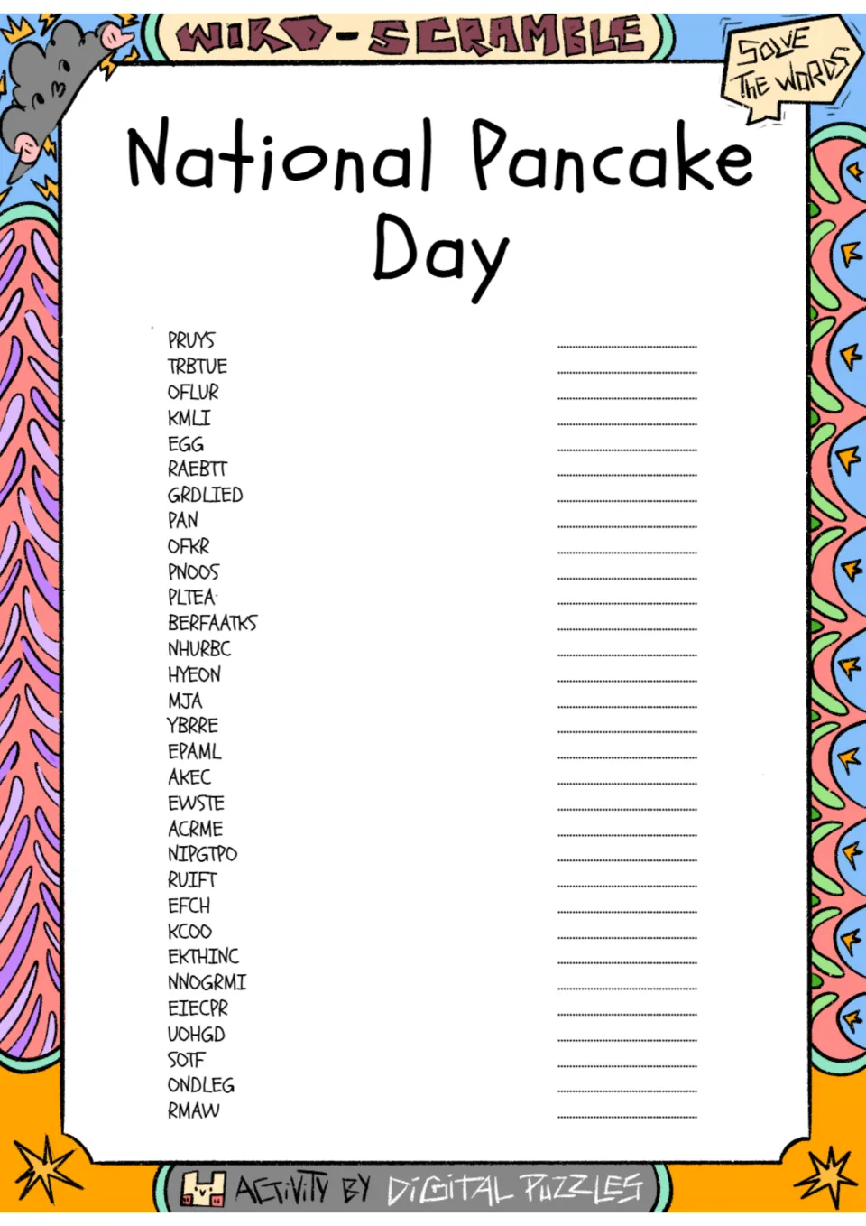 Pancake Day word scramble: students unscramble 31 words like PRUYS, OFLUR and RAEBTT and write each answer on the line