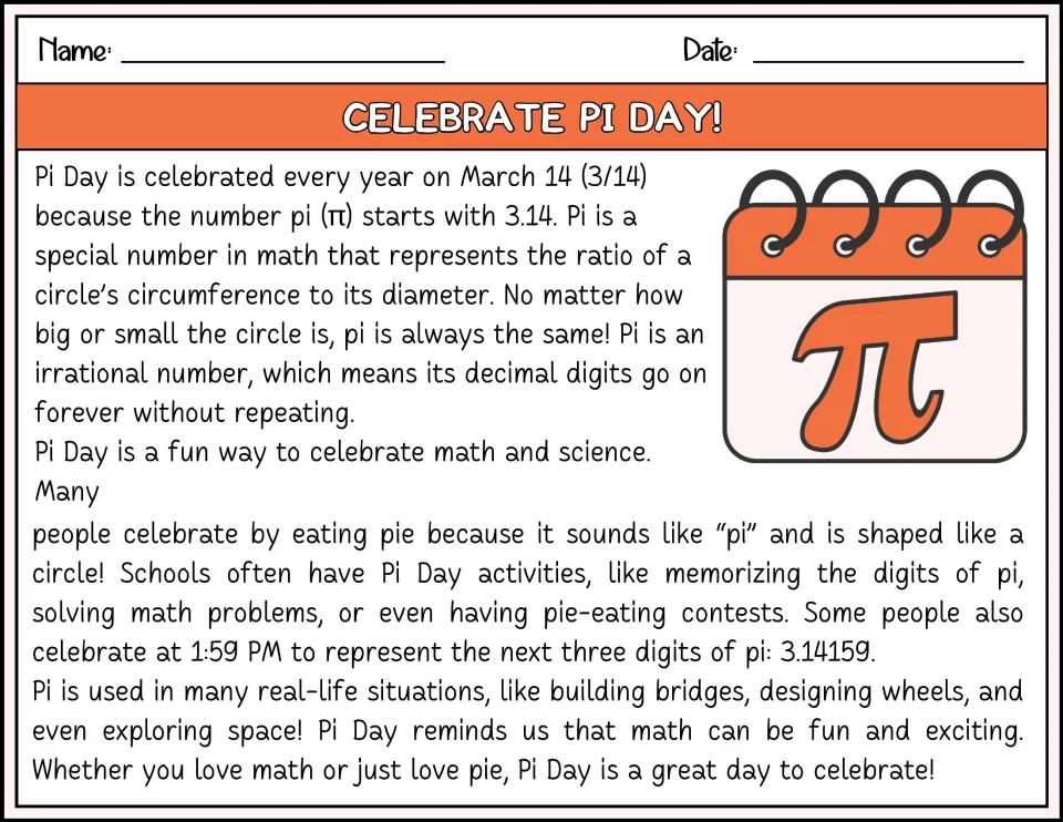 Pi Day reading passage in color explains March 14, pi as a ratio, celebration activities, and everyday uses.