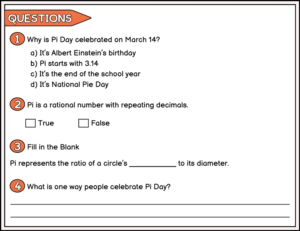 Pi Day questions 1–4 in color ask about March 14, irrational numbers, circumference, and celebrations.
