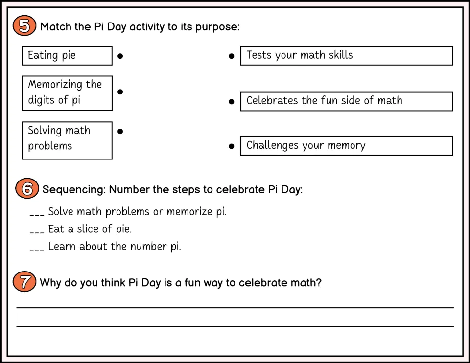 Pi Day questions 5–7 in color cover matching activities to purposes, sequencing steps, and a written opinion.