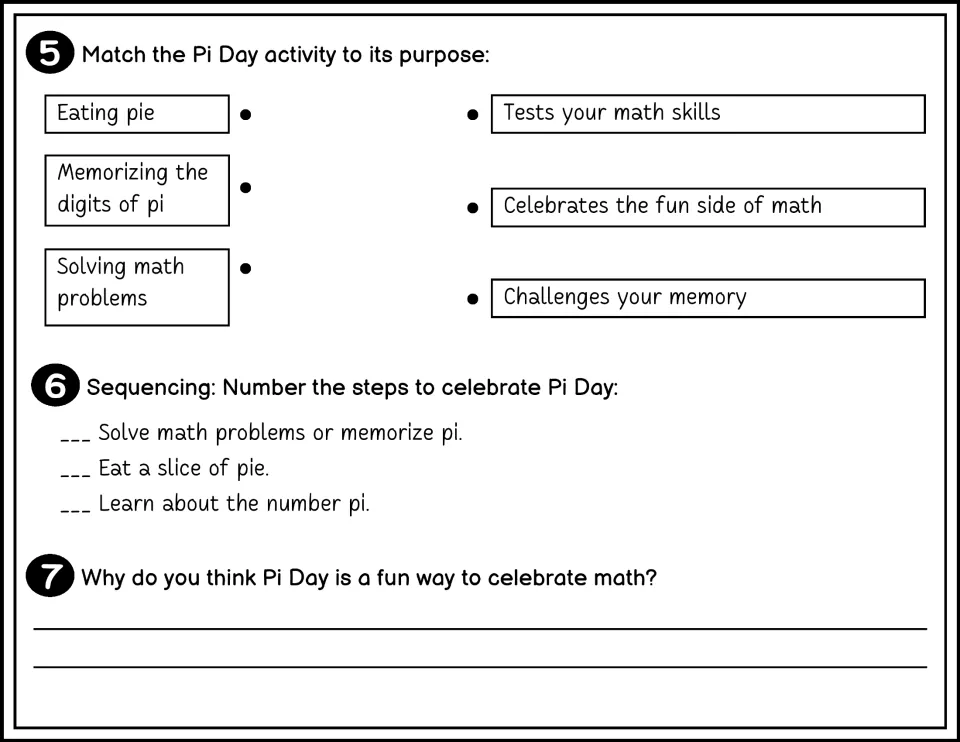 Pi Day questions 5–7 in black and white ask students to match activities, order steps, and explain the fun.