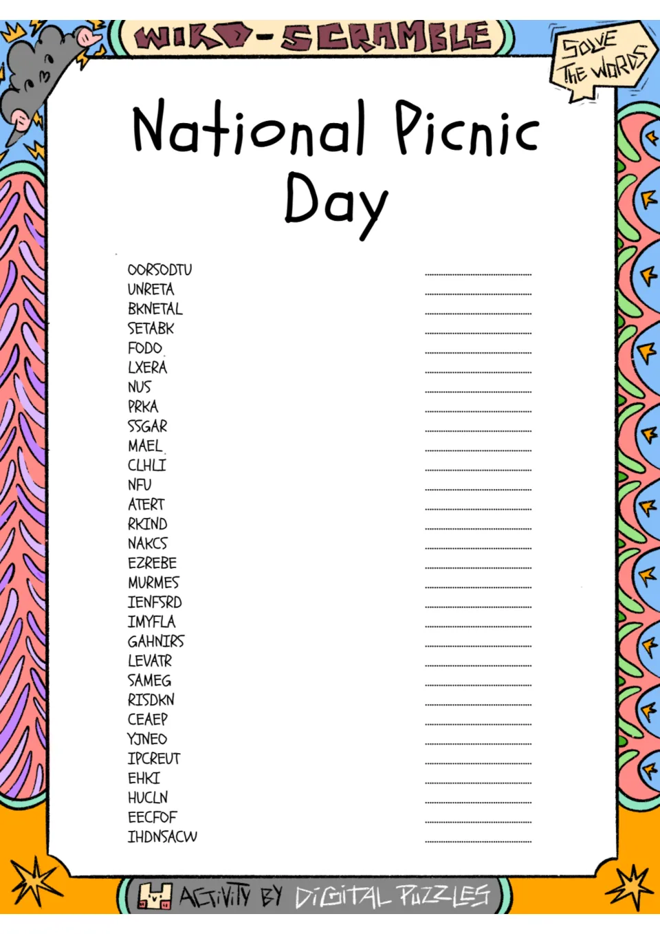 Picnic word scramble activity with 30 prompts, including FODO, SETABK, BKNETAL, PRKA, NUS, and IHDNSACW.