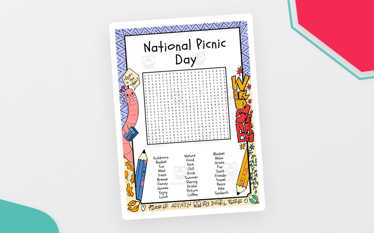 National Picnic Day word-search worksheet with a large letter grid, picnic word bank and comic-style border.