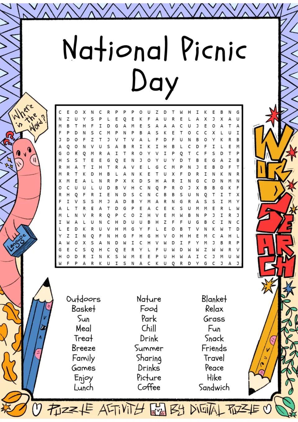 National Picnic Day word search: students find 30 picnic words such as basket, blanket, sandwich and park in a letter puzzle