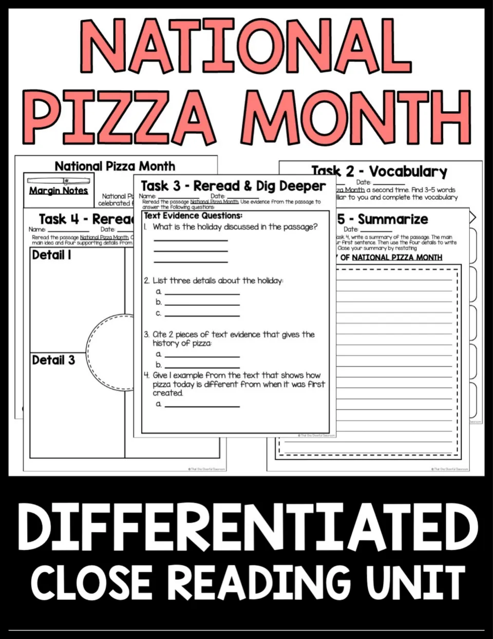 National Pizza Month differentiated close reading unit cover showing the margin-notes passage and Task 2 to 5 sheets