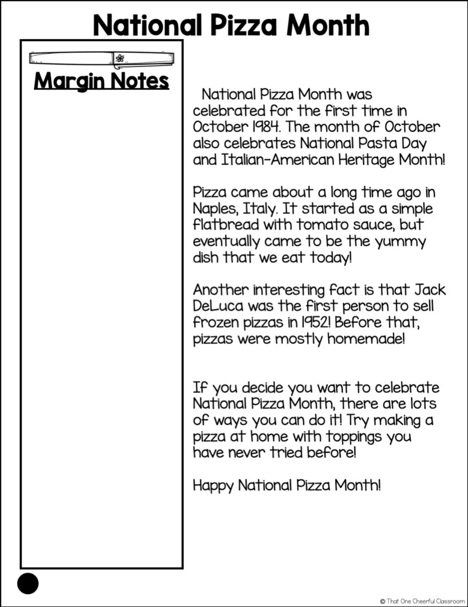 Easier National Pizza Month passage to annotate: pizza's start in Naples, Italy and Jack DeLuca's 1952 frozen pizzas