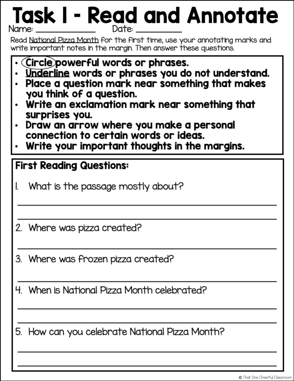 Task 1 Read and Annotate: students mark up the pizza passage, then answer five recall questions such as where pizza began