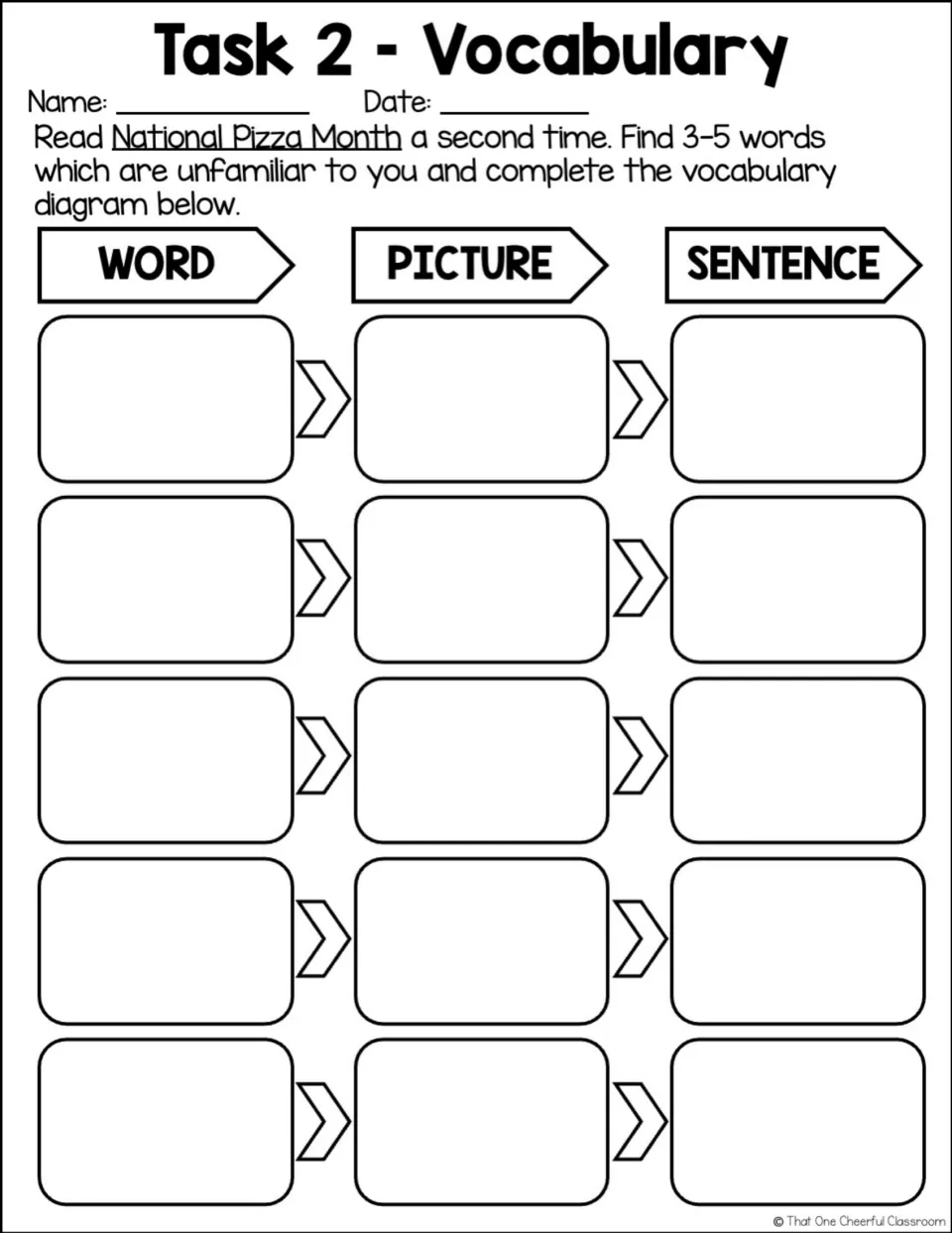 Task 2 Vocabulary: students choose 3 to 5 unfamiliar words from the pizza passage and give each a picture and a sentence